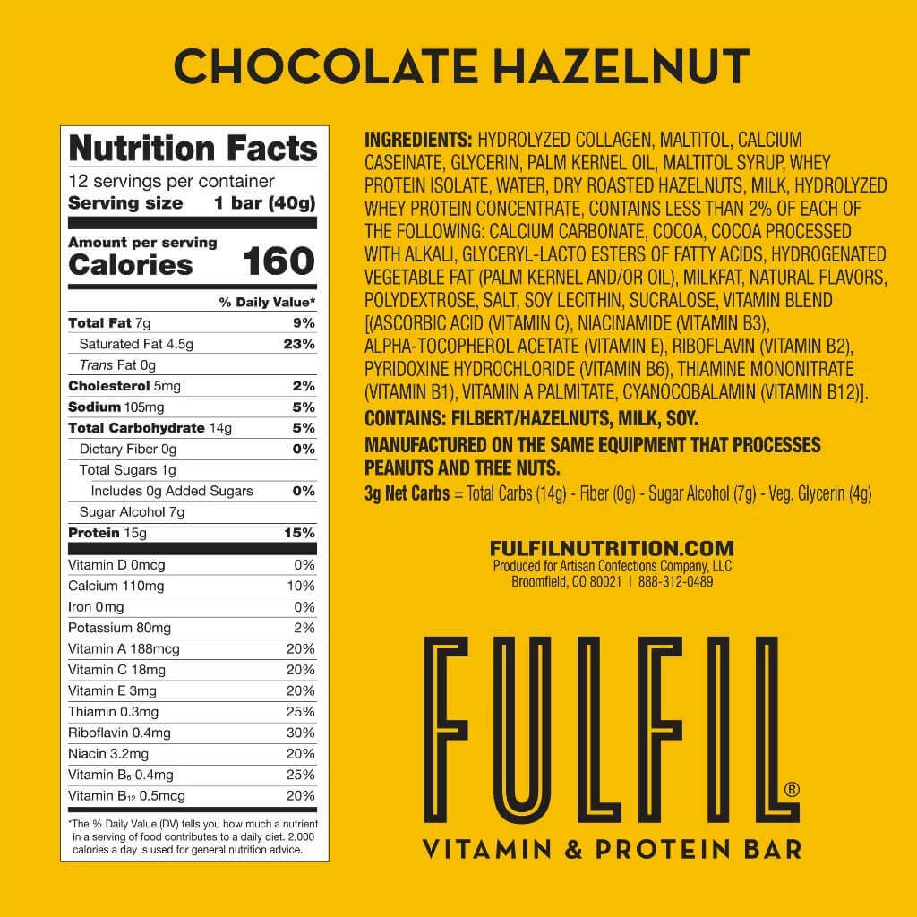 FULFIL Chocolate Hazelnut Flavor Vitamin & Protein Bars, 1.41 oz, 4 count box - Nutritional