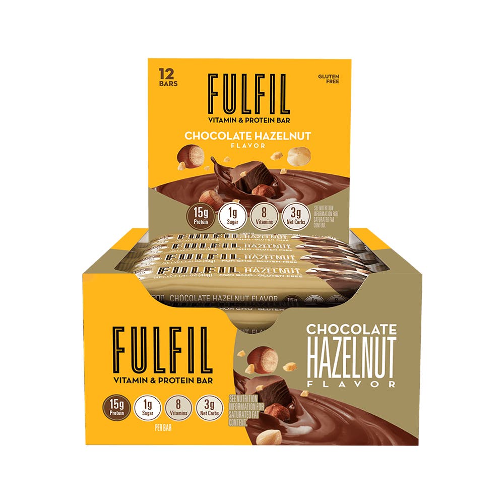 FULFIL Chocolate Hazelnut Flavor Vitamin & Protein Bars, 1.41 oz, 12 count box - Front of Package