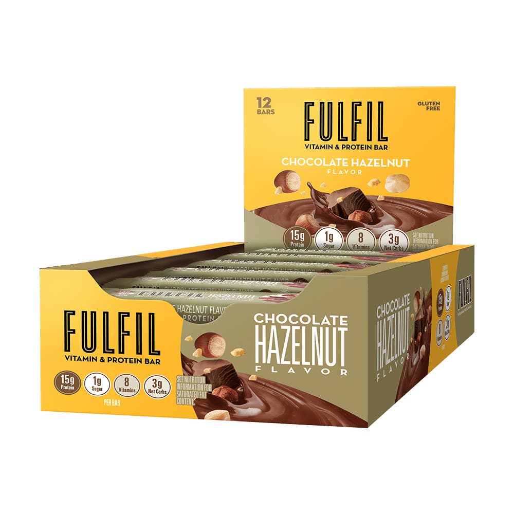 FULFIL Chocolate Hazelnut Flavor Vitamin & Protein Bars, 1.41 oz, 12 count box - Side of Package