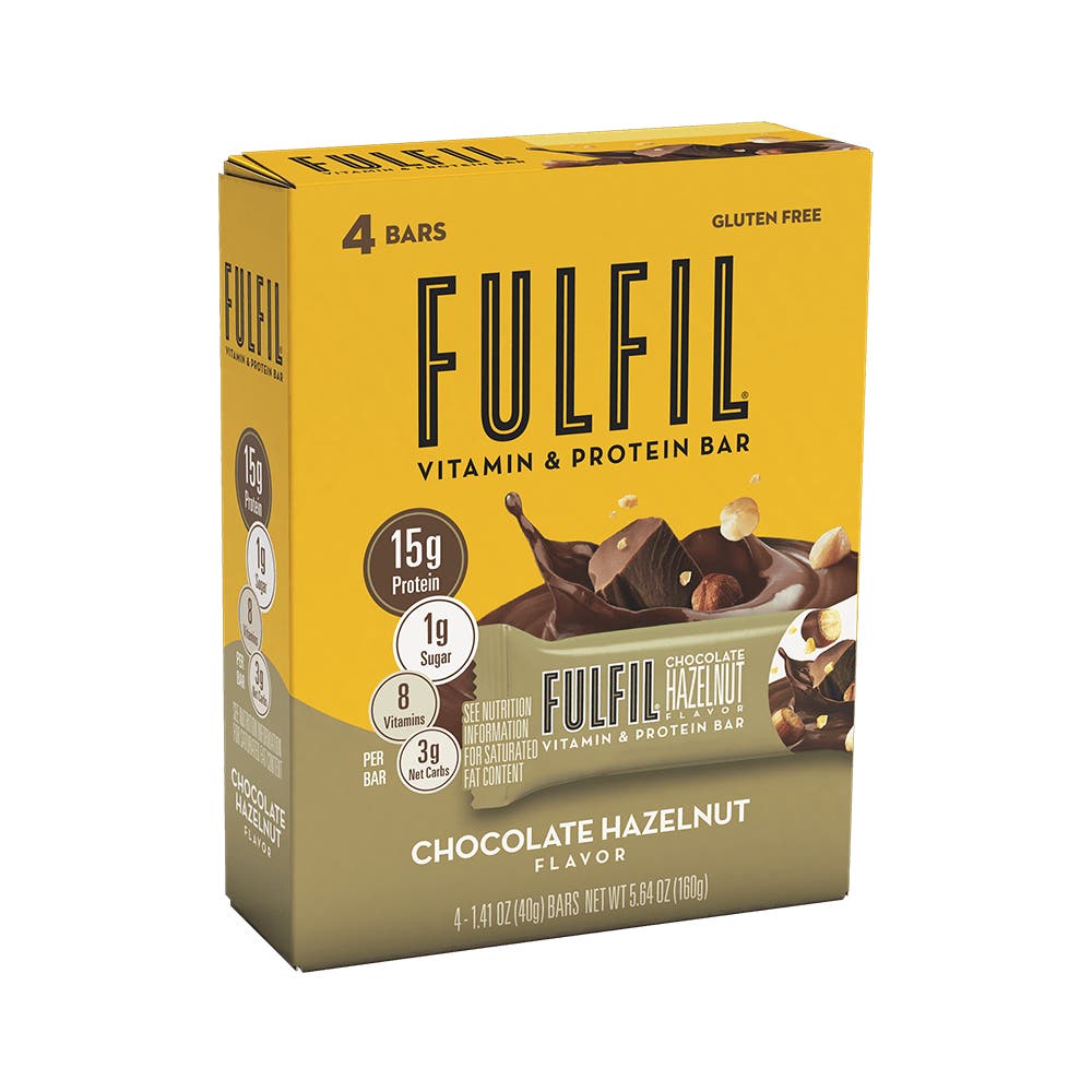 FULFIL Chocolate Hazelnut Flavor Vitamin & Protein Bars, 1.41 oz, 4 count box - Left Side of Package