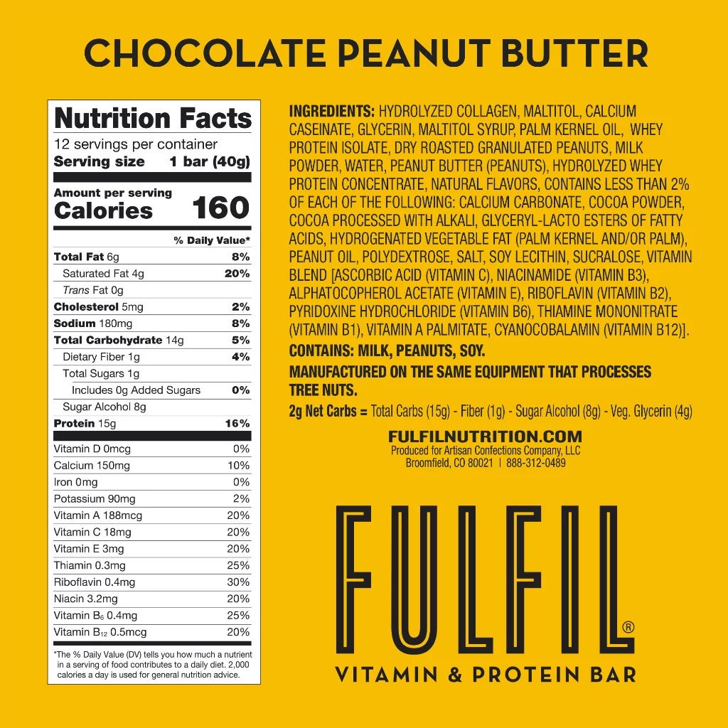 FULFIL Chocolate Peanut Butter Flavor Vitamin & Protein Bars, 1.41 oz, 12 count box - Nutritional