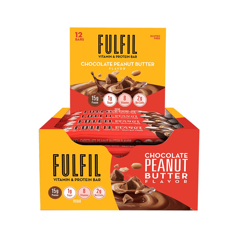 FULFIL Chocolate Peanut Butter Flavor Vitamin & Protein Bars, 1.41 oz, 12 count box - Front of Package