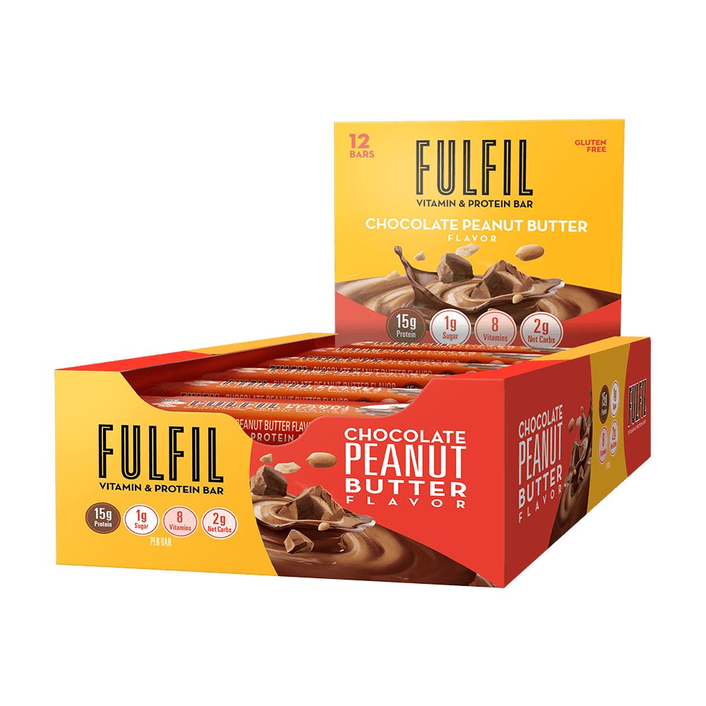 FULFIL Chocolate Peanut Butter Flavor Vitamin & Protein Bars, 1.41 oz, 12 count box - Side of Package