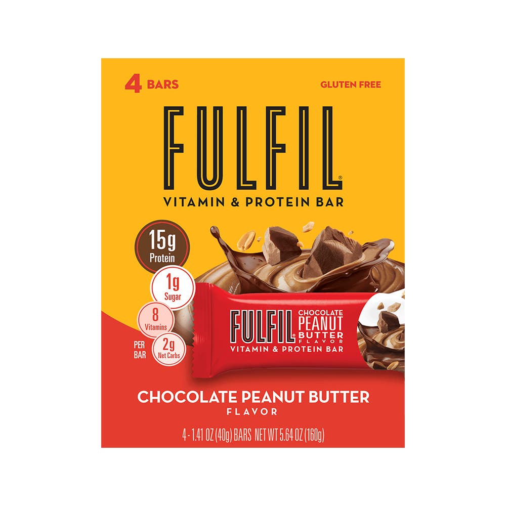 FULFIL Chocolate Peanut Butter Flavor Vitamin & Protein Bars, 1.41 oz, 4 count box - Front of Package