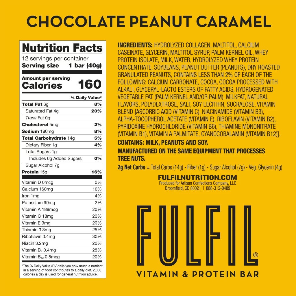 FULFIL Chocolate Peanut Caramel Flavor Vitamin & Protein Bars, 1.41 oz, 4 count box - Nutritional