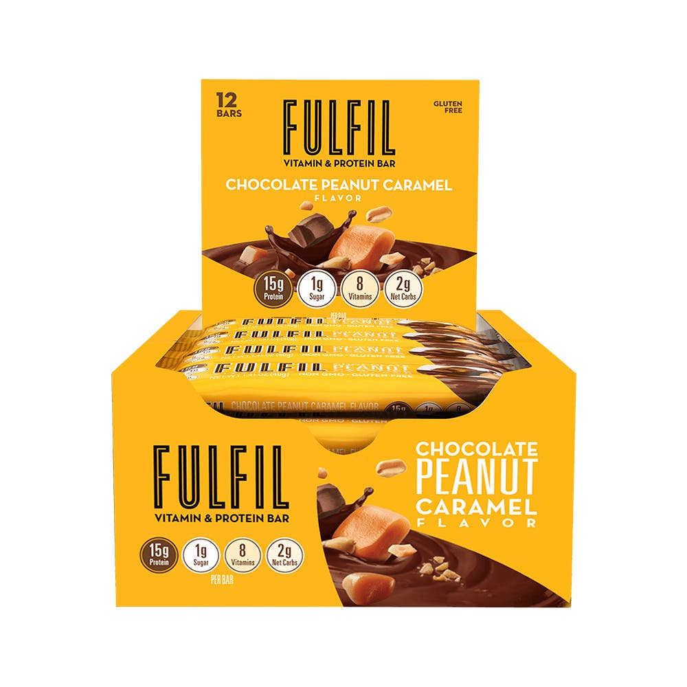 FULFIL Chocolate Peanut Caramel Flavor Vitamin & Protein Bars, 1.41 oz, 12 count box - Front of Package