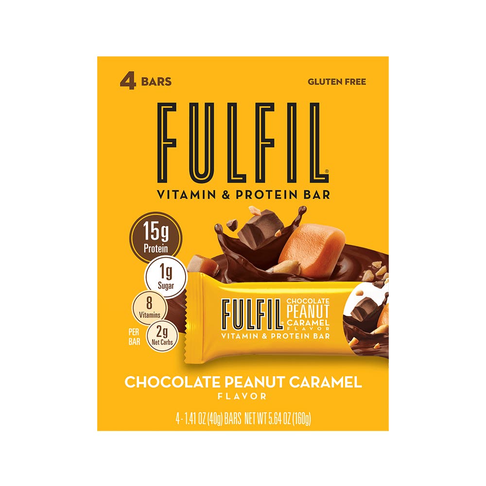 FULFIL Chocolate Peanut Caramel Flavor Vitamin & Protein Bars, 1.41 oz, 4 count box - Front of Package
