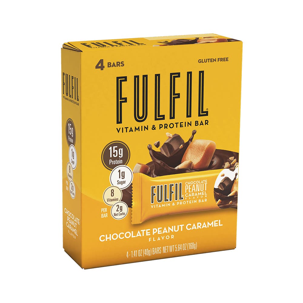 FULFIL Chocolate Peanut Caramel Flavor Vitamin & Protein Bars, 1.41 oz, 4 count box - Side of Package