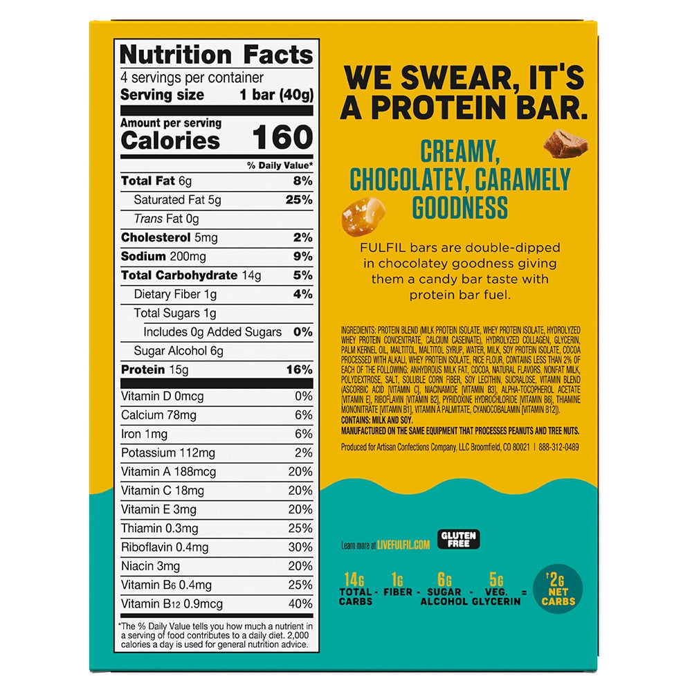 FULFIL Chocolate Salted Caramel Flavor Protein Bars, 1.41 oz, 4 count box - Back of Package