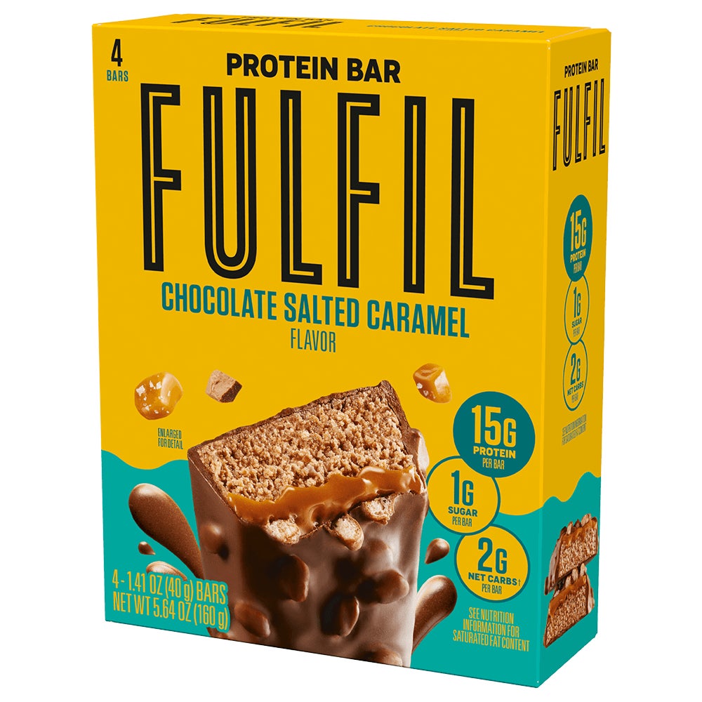 FULFIL Chocolate Salted Caramel Flavor Protein Bars, 1.41 oz, 4 count box - Right Side of Package