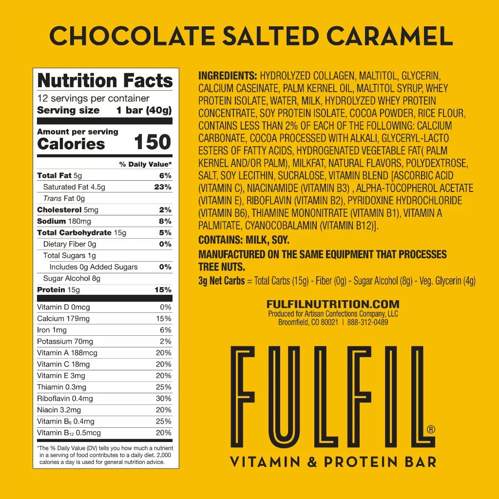 FULFIL Chocolate Salted Caramel Flavor Vitamin & Protein Bars, 1.41 oz, 4 count box - Nutritional