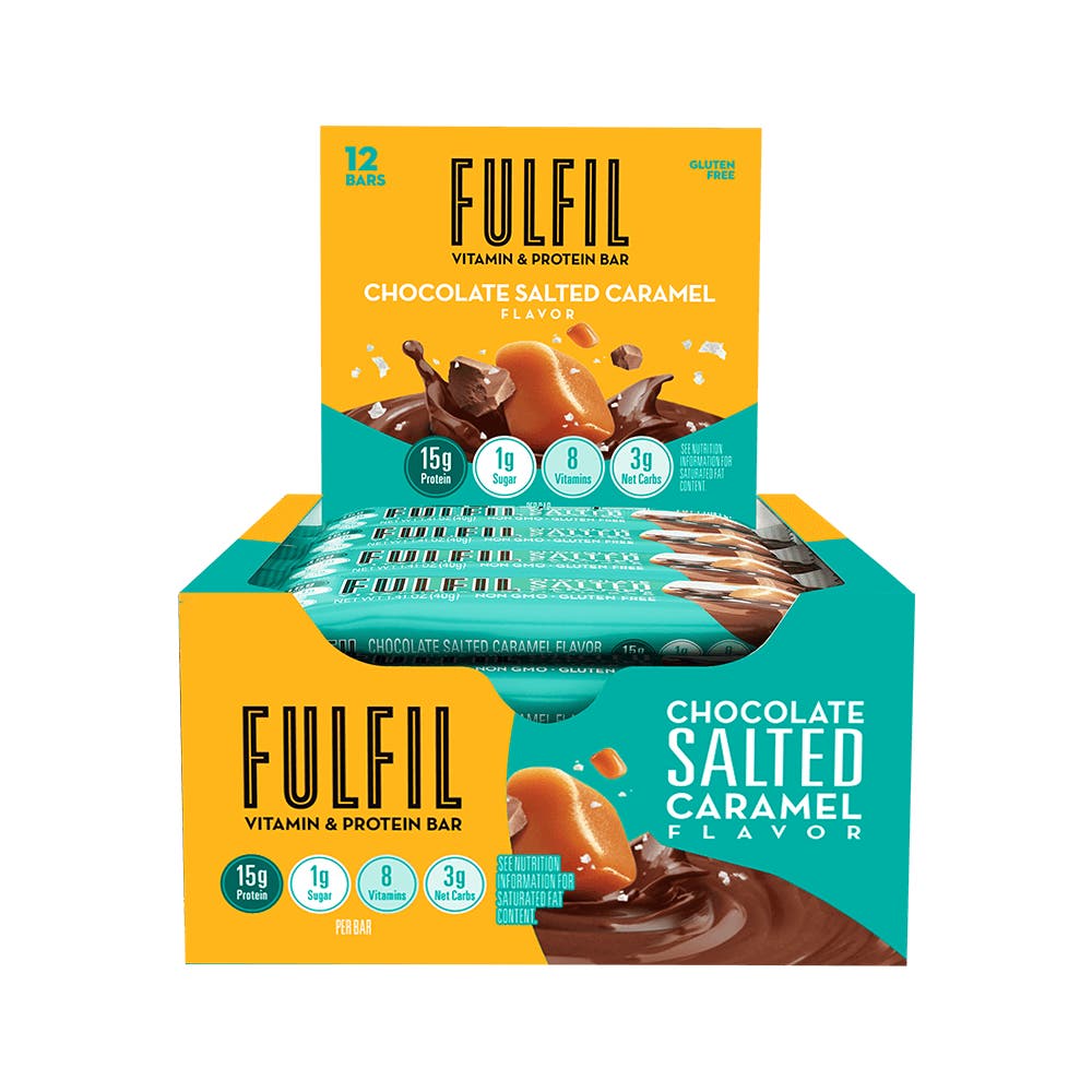 FULFIL Chocolate Salted Caramel Flavor Vitamin & Protein Bars, 1.41 oz, 12 count box - Front of Package