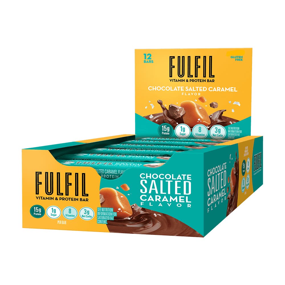 FULFIL Chocolate Salted Caramel Flavor Vitamin & Protein Bars, 1.41 oz, 12 count box - Side of Package