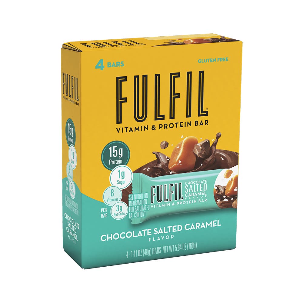 FULFIL Chocolate Salted Caramel Flavor Vitamin & Protein Bars, 1.41 oz, 4 count box - Side of Package