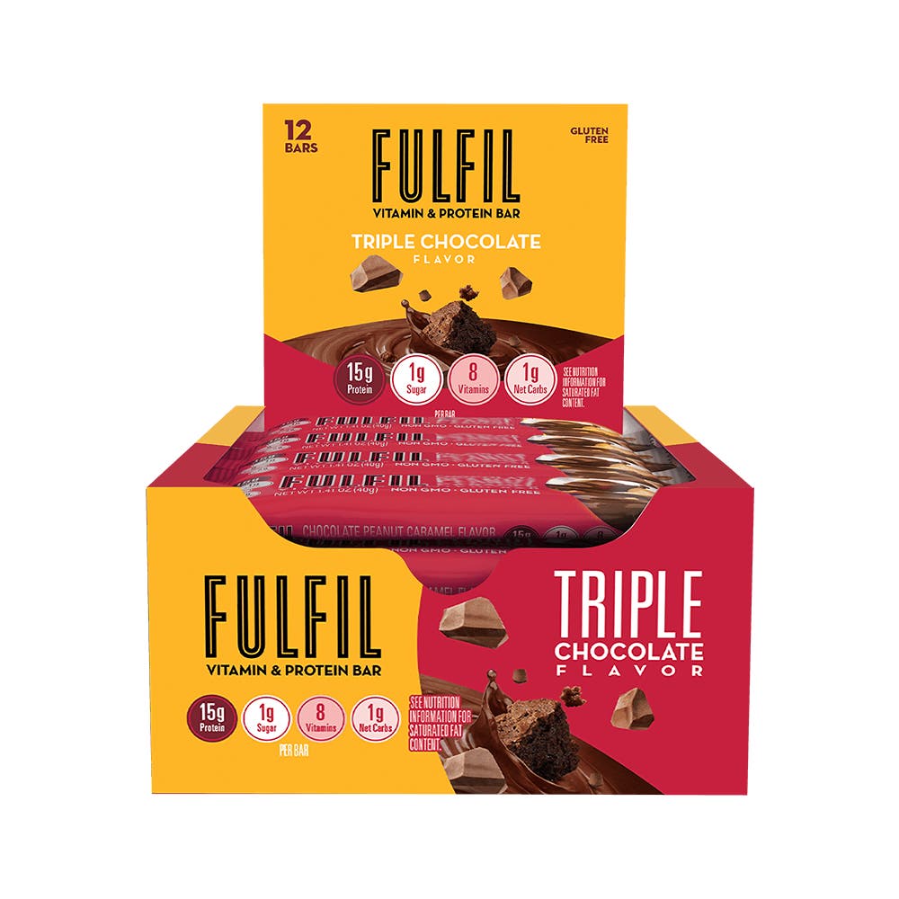 FULFIL Triple Chocolate Flavor Vitamin & Protein Bars, 1.41 oz, 12 count box - Front of Package