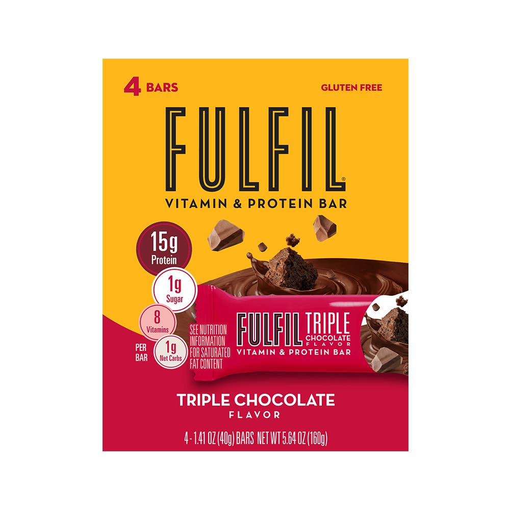 FULFIL Triple Chocolate Flavor Vitamin & Protein Bars, 1.41 oz, 4 count box - Front of Package