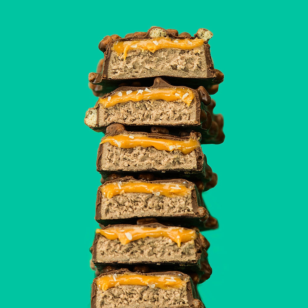 stack of unwrapped fulfil chocolate salted caramel protein bars