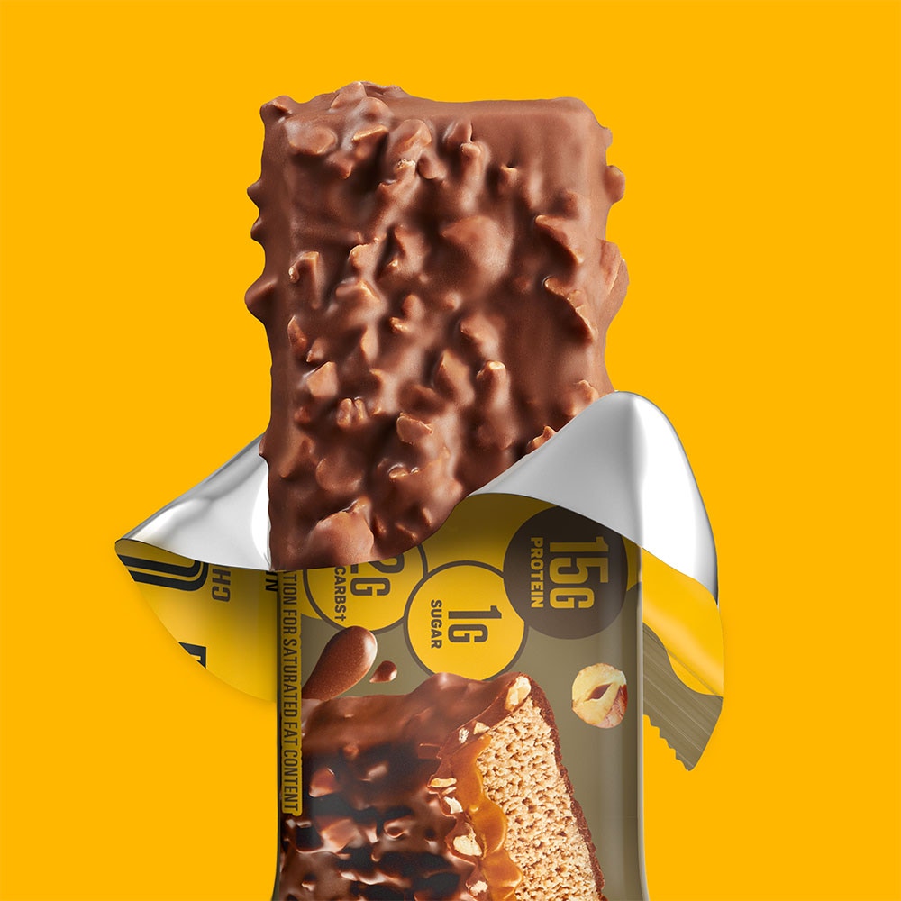partially unwrapped fulfil chocolate hazelnut protein bar
